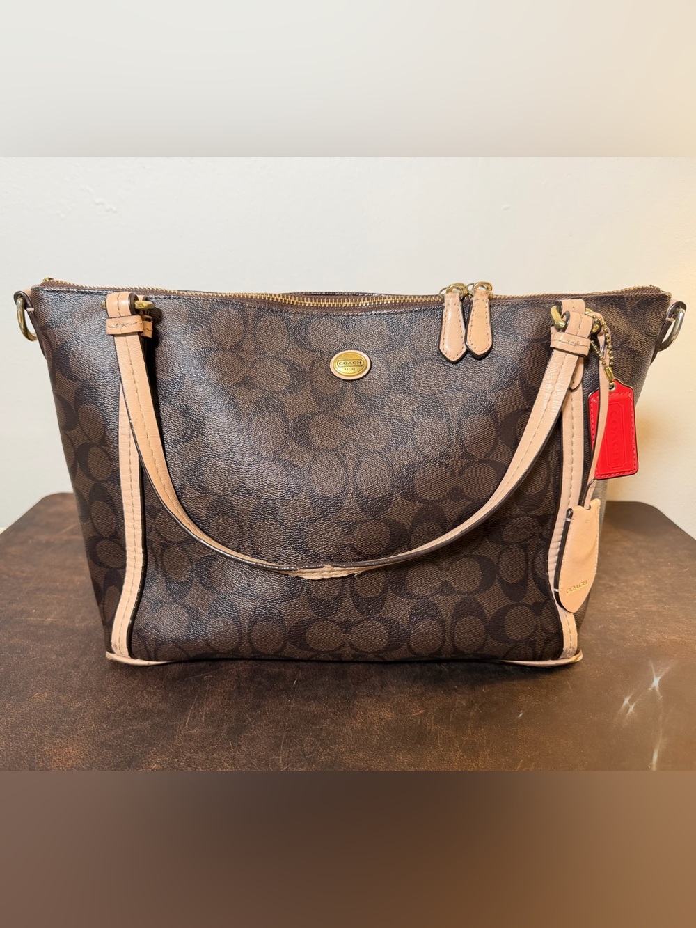 Coach Peyton Signature Brown Canvas Pocket Tote Shoulder Bag